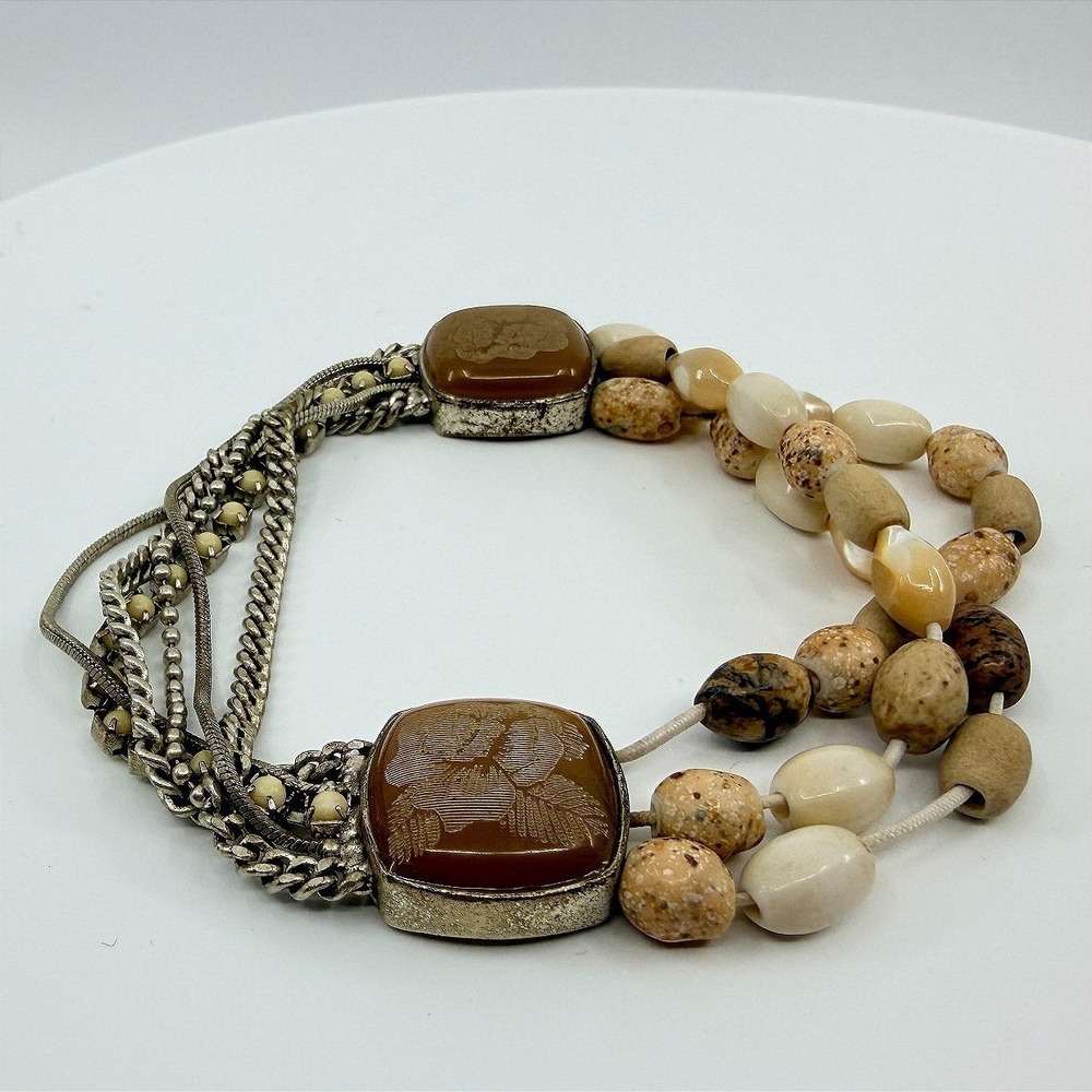 Vintage Silver Tone Multi Strand‎ Bracelet Brown Faux Jasper Stone Carved Cameo
